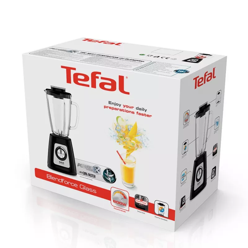 Lauapealne blender Tefal BL4358 — 800 W, 1,25 L klaaskann, jääpurustus, must/harjatud teras