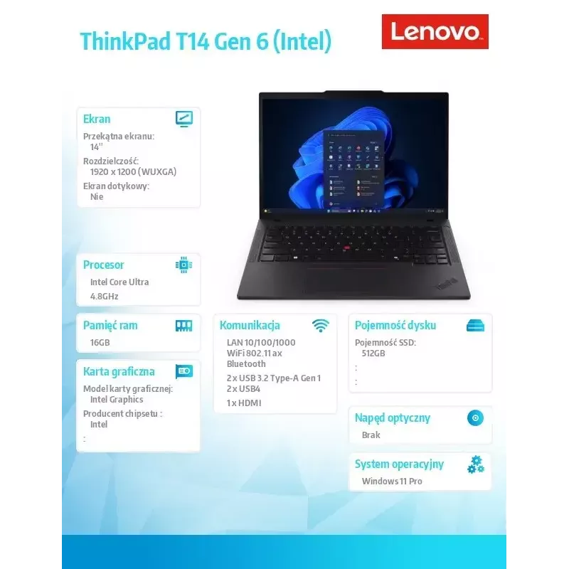 Sülearvuti Lenovo ThinkPad T14 G6 14,0 tolli Ultra 5 225U 16GB 512GB INT W11Pro Must