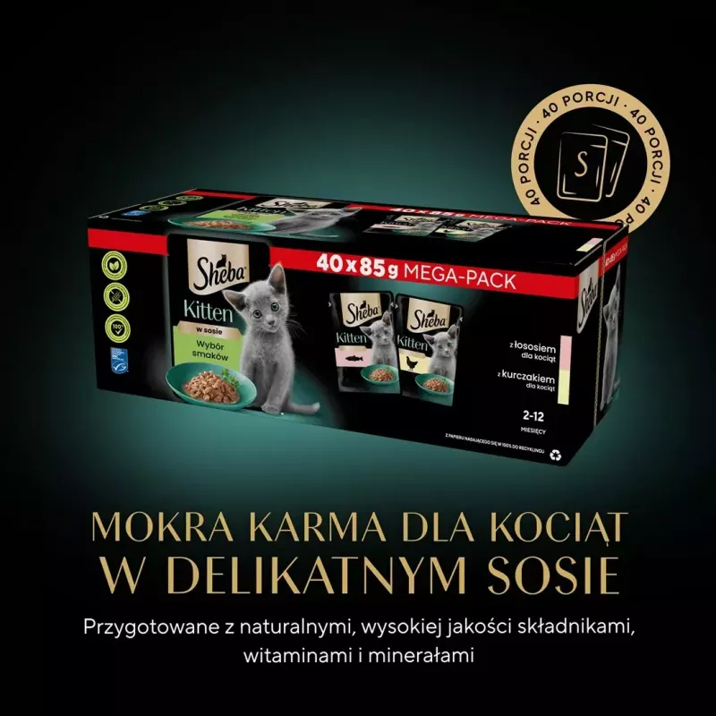 Märg kassitoit Sheba Kitten Selection of Flavors in Sauce 40×85 g — märgtoit noortele kassipoegadele, 40 kotikest x 85 g, 3,4 kg, põhimaitsena kana