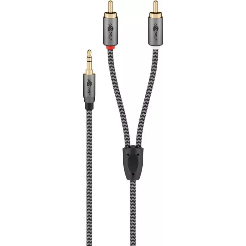 Audio kaabel Goobay 65285 3.5mm male to 2×RCA male, 1 m, copper, gold-plated contacts, magnetically shielded (Must/silver)