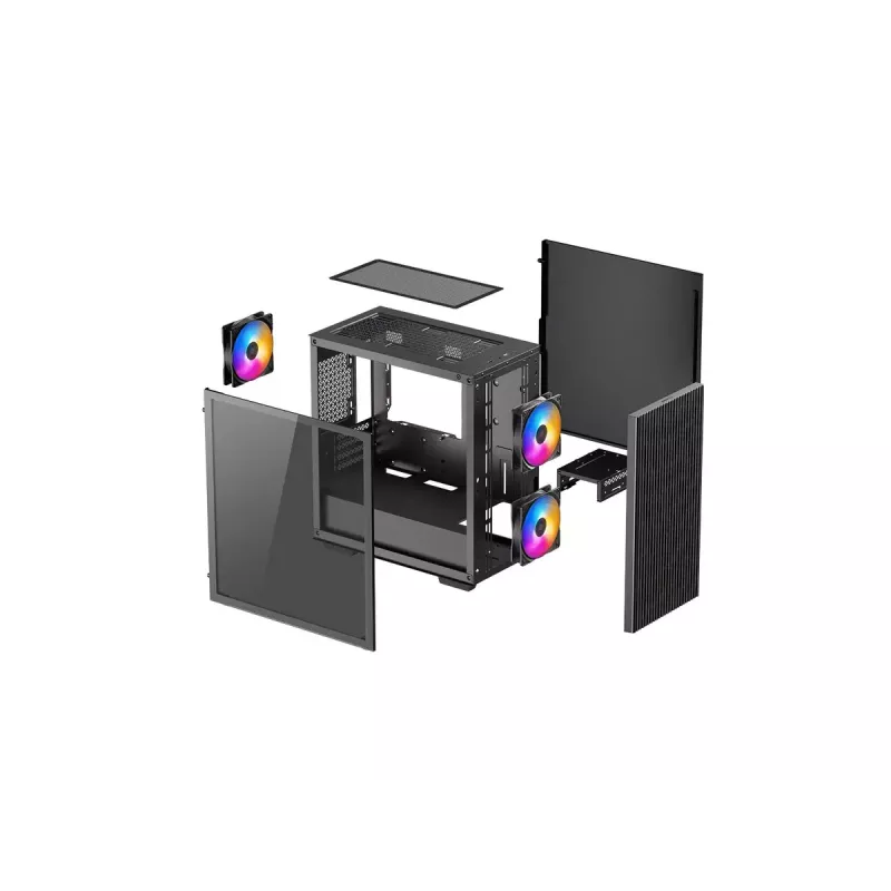 PC-korpus DeepCool MATREXX 40 3FS Micro Tower — Micro ATX/Mini-ITX, karastatud klaas, toetab 3x140/2x120 ventilaatorit, GPU kuni 320 mm, 2x3,5-tolline + 2x2,5-tolline, must