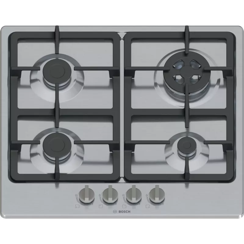 Sisseehitatud gaasipliit Bosch Serie 4 PGH6B5K90, 4-tsooniline roostevaba teras, 60 cm, pöördnupud, wok-põleti