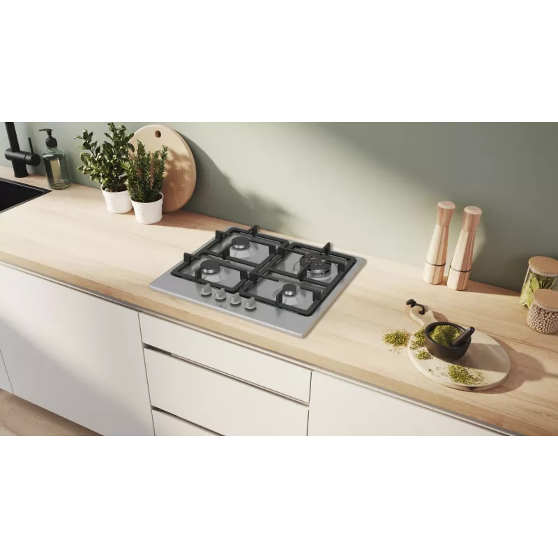 Sisseehitatud gaasipliit Bosch Serie 4 PGH6B5K90, 4-tsooniline roostevaba teras, 60 cm, pöördnupud, wok-põleti