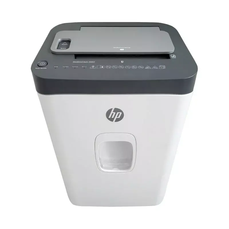 Paberipurustaja HP ONESHRED Auto 200CC — automaatse söötmisega 200-leheline mahutavus, mikropeenestus P-4, 28 l prügikast, valge-hall
