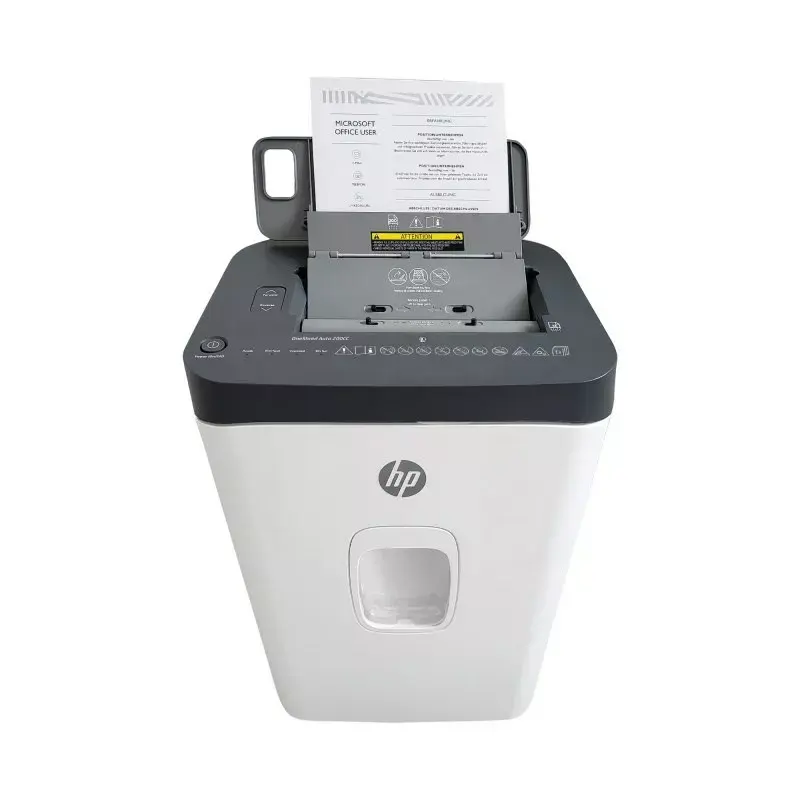 Paberipurustaja HP ONESHRED Auto 200CC — automaatse söötmisega 200-leheline mahutavus, mikropeenestus P-4, 28 l prügikast, valge-hall