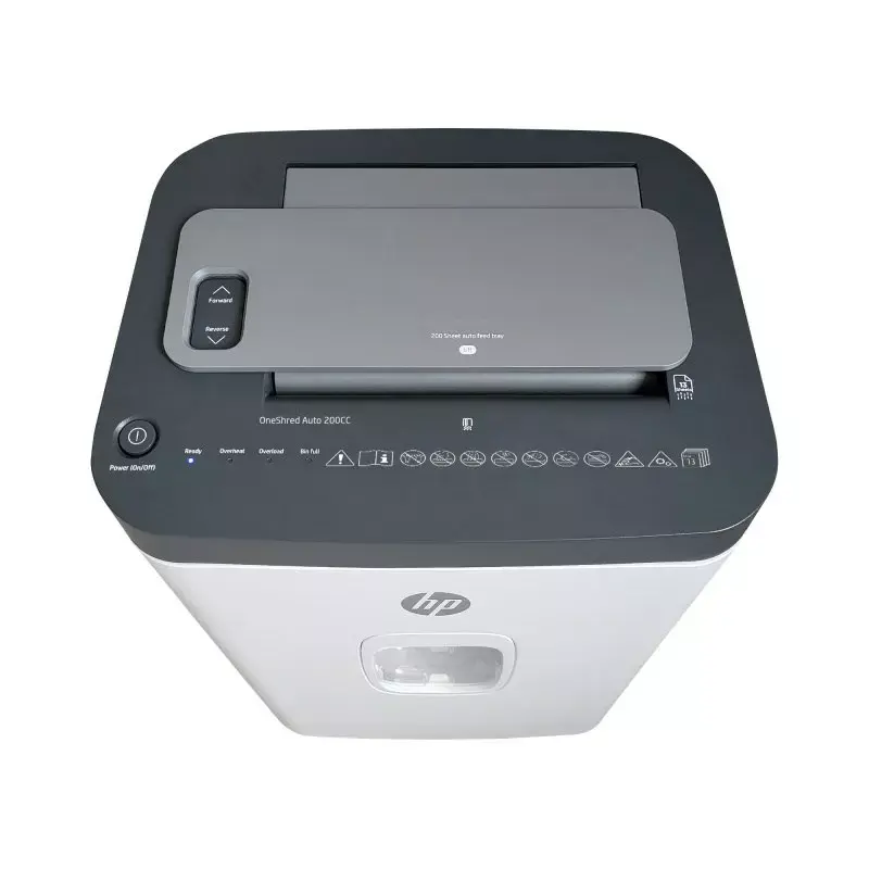 Paberipurustaja HP ONESHRED Auto 200CC — automaatse söötmisega 200-leheline mahutavus, mikropeenestus P-4, 28 l prügikast, valge-hall