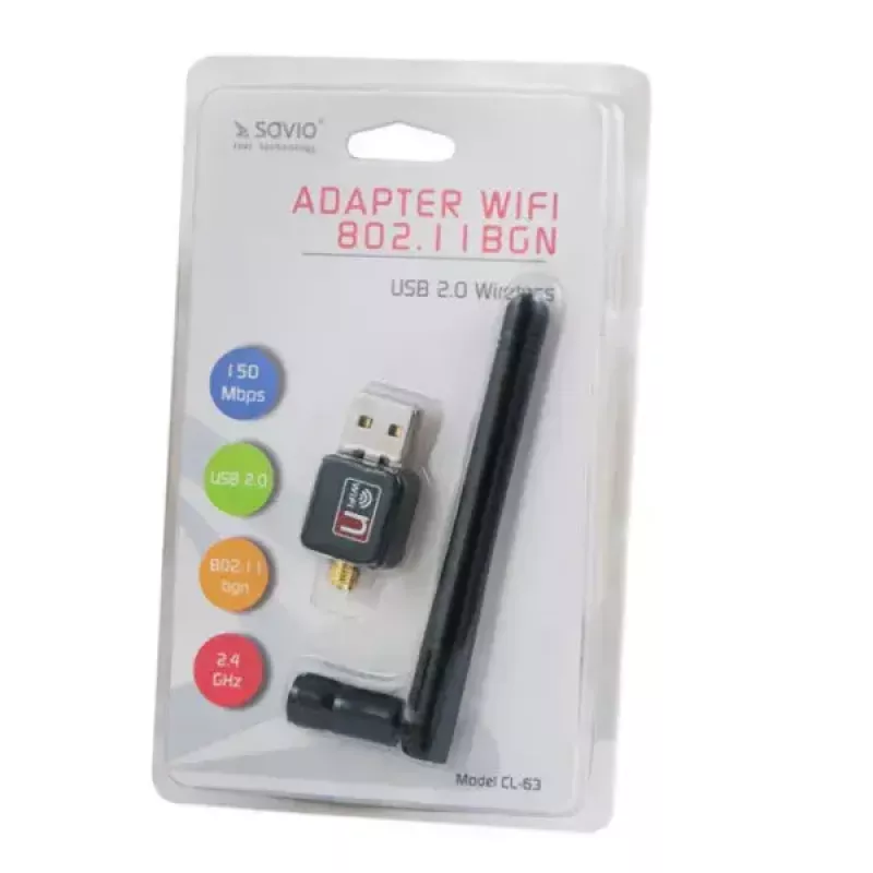USB WLAN adapter SAVIO CL-63, üheribaline 2,4 GHz, 150 Mbit/s, Realtek RTL8188CU, väline antenn, USB 2.0