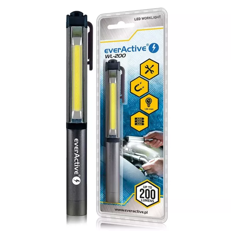 Klambriga taskulamp everActive WL200, 3 W 200 lm, alumiiniumkorpus, IPX4, 3×AAA, pikkus 161,7 mm, must