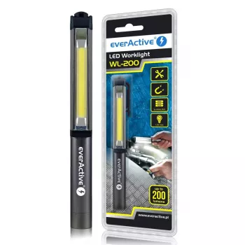 everActive WL-200 COB LED kontrolltöölamp, 3 W, 200 lm, IP44, alumiinium, magnetid ja klamber, 3×AAA