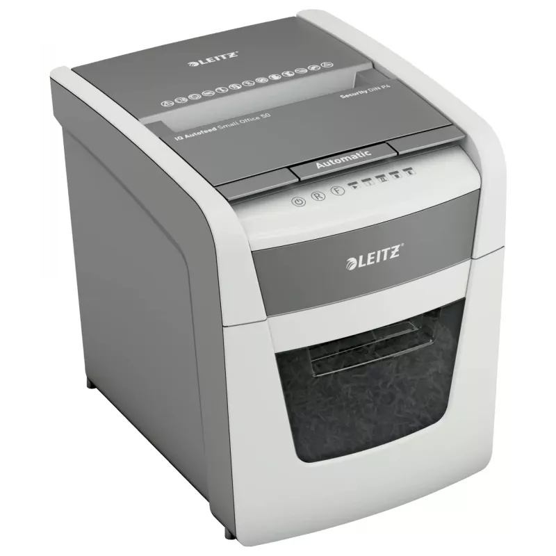 Paberipurustaja LEITZ IQ Autofeed Small Office50 P4 — mikro ristlõige 4x28 mm, 50-leheline automaatsööt, 22 cm sisend, 20 L korv