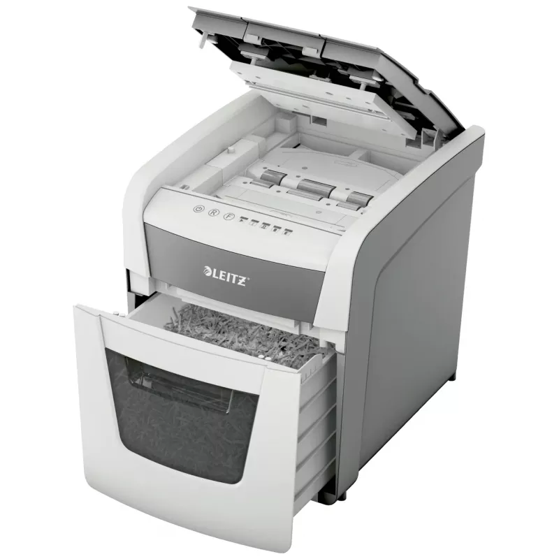 Paberipurustaja LEITZ IQ Autofeed Small Office50 P4 — mikro ristlõige 4x28 mm, 50-leheline automaatsööt, 22 cm sisend, 20 L korv