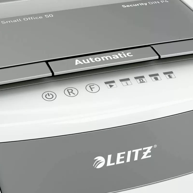 Paberipurustaja LEITZ IQ Autofeed Small Office50 P4 — mikro ristlõige 4x28 mm, 50-leheline automaatsööt, 22 cm sisend, 20 L korv