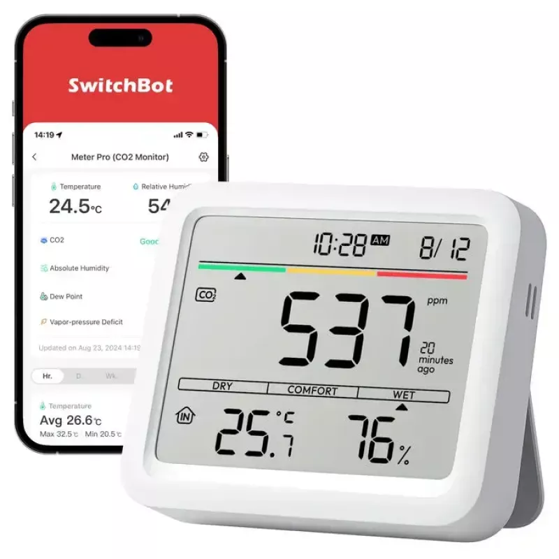 CO2 monitor Switchbot Meter Pro — CO2, temperatuuri ja niiskuse mõõtmine, LCD, patarei (AA), ABS korpus, 5 V, temperatuurivahemik -20–80°C
