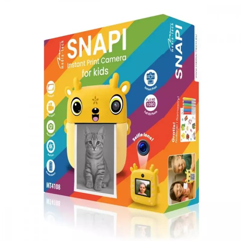 Laste digikaamera MEDIA-TECH SNAPI MT4108 — 8 MP interpoleeritud, 1280x720 LCD, 1000 mAh, USB-C, microSD pesa, kollane