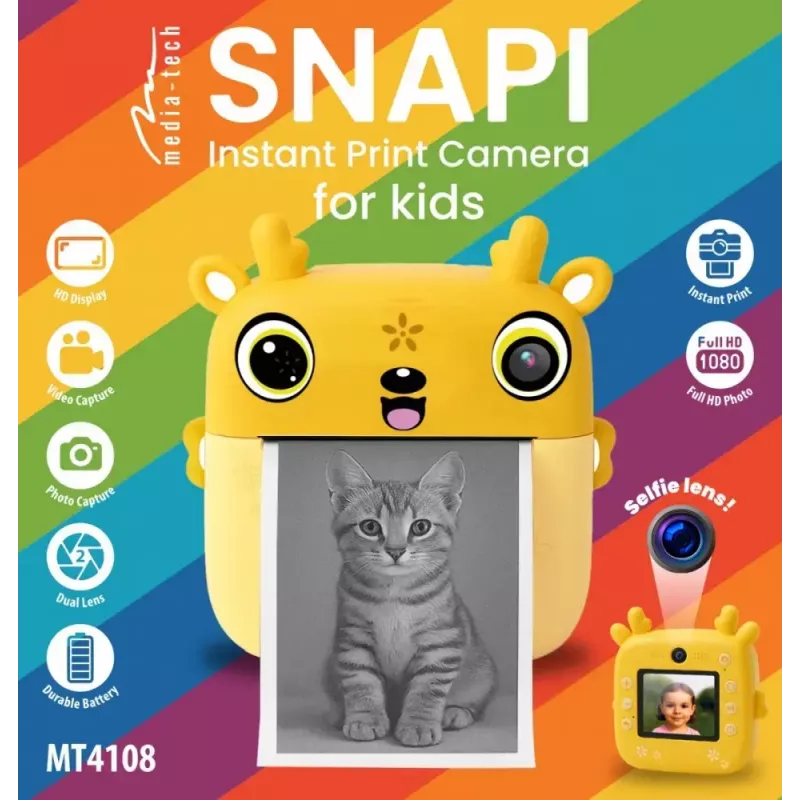 Laste digikaamera MEDIA-TECH SNAPI MT4108 — 8 MP interpoleeritud, 1280x720 LCD, 1000 mAh, USB-C, microSD pesa, kollane