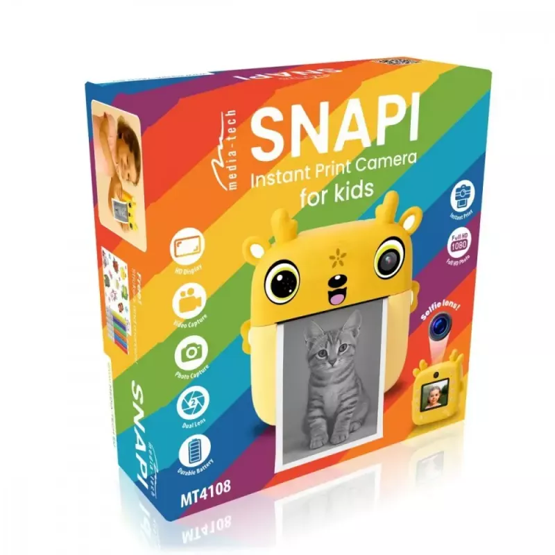 Laste digikaamera MEDIA-TECH SNAPI MT4108 — 8 MP interpoleeritud, 1280x720 LCD, 1000 mAh, USB-C, microSD pesa, kollane