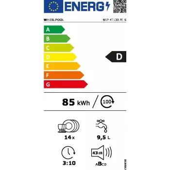 Sisseehitatud nõudepesumasin WHIRLPOOL WIP 4T133 PE S — 14 komplekti, 60 cm, 43 dB, energiaklass D