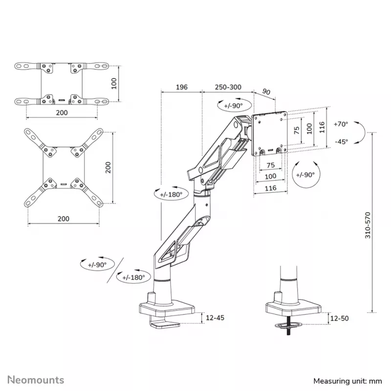 Neomounts DS70-256BL1 mängurimonitori kinnitusvars 24–57-tollistele ekraanidele, gaasivedru, Topfix, 30 kg kandevõime, VESA 75–200 mm