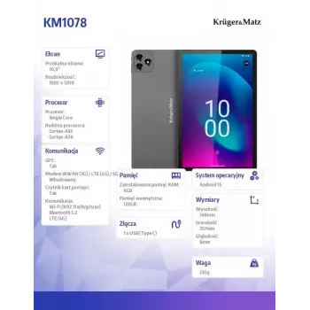 Tahvelarvuti Kruger & Matz KM1078S 10.1 tolli ekraan 4G LTE neljatuumaline 2 GB muutmälu 32 GB salvestusruum Android