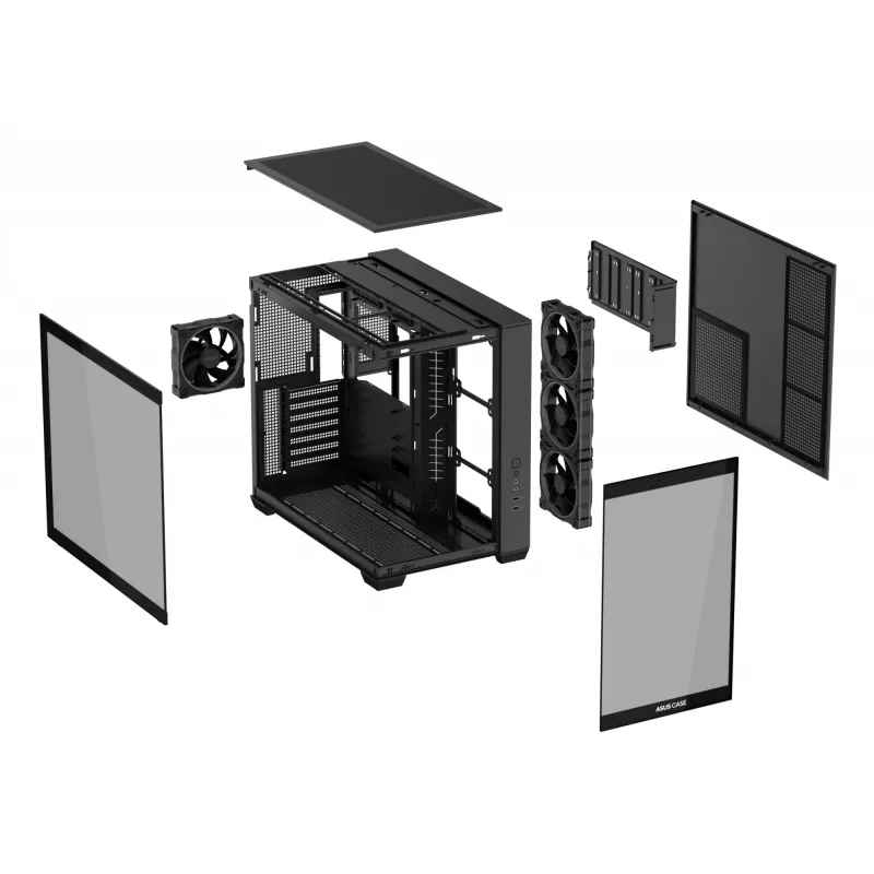 PC korpus ASUS A32 PLUS ATX, must — karastatud klaas, RGB ventilaatorid, USB-C, toetab ATX/Micro-ATX/Mini-ITX