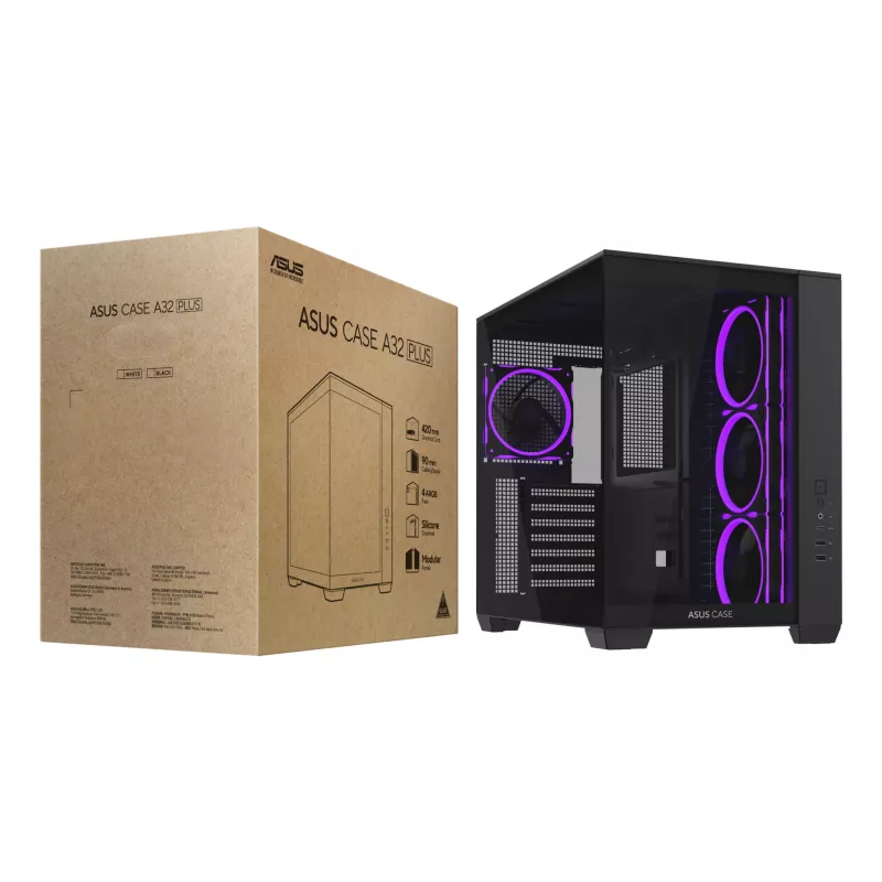 PC korpus ASUS A32 PLUS ATX, must — karastatud klaas, RGB ventilaatorid, USB-C, toetab ATX/Micro-ATX/Mini-ITX
