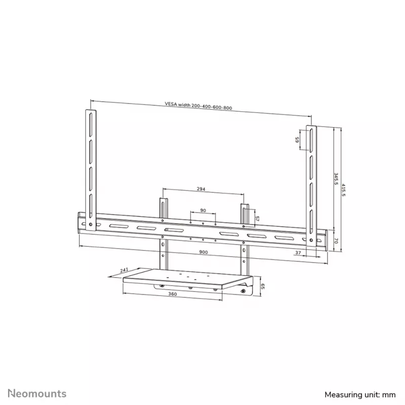 Neomounts sülearvuti riiulikomplekt AV45-500BL 43–110-tolliste ekraanide jaoks, VESA kuni 600x400, max 2,5 kg, 900×242×640 mm