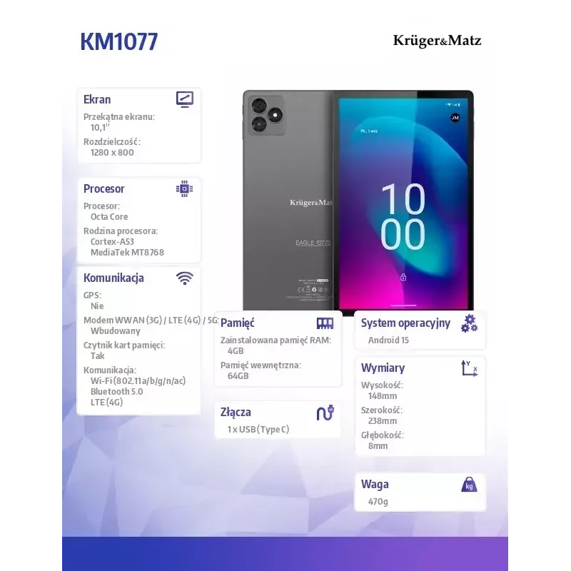 Tahvelarvuti Kruger & Matz KM1077 10,1-tolline ekraan neljatuumaline 4GB muutmälu 64GB salvestusruum Android