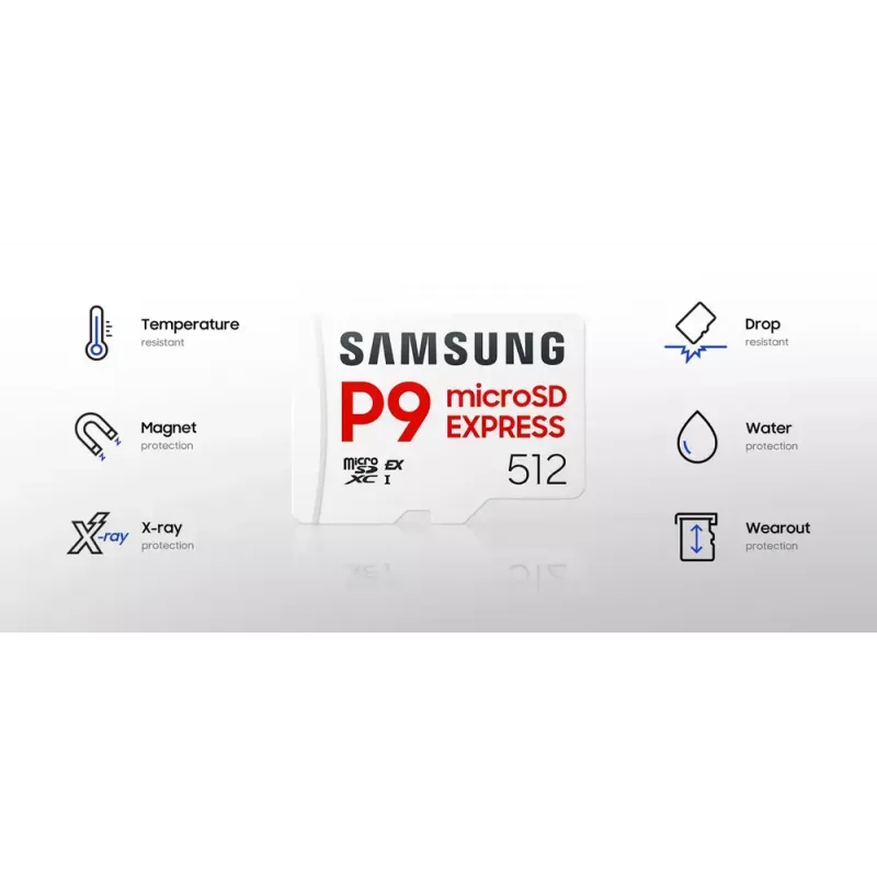 microSDXC mälukaart Samsung P9 Express 256 GB — UHS-I, lugemine 800 MB/s, V30, U1, vastupidav