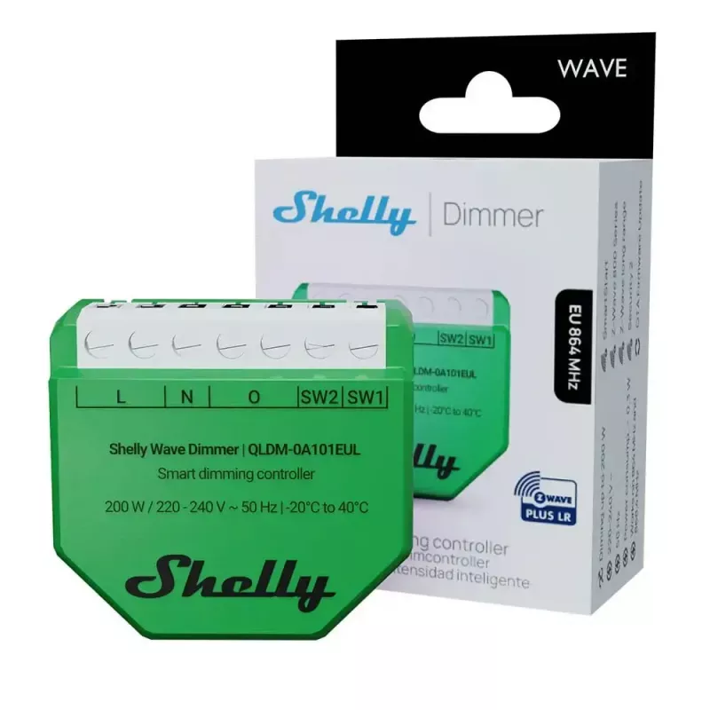 Shelly Wave Dimmer EU LR nuti hämardi kontroller — 2-kanaliga, neutraaljuhtmeta, 220–240 V, LED kuni 150 W, hõõglamp kuni 200 W, 864–868,4 MHz