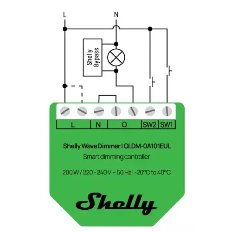 Shelly Wave Dimmer EU LR nuti hämardi kontroller — 2-kanaliga, neutraaljuhtmeta, 220–240 V, LED kuni 150 W, hõõglamp kuni 200 W, 864–868,4 MHz