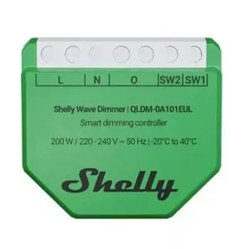 Shelly Wave Dimmer EU LR nuti hämardi kontroller — 2-kanaliga, neutraaljuhtmeta, 220–240 V, LED kuni 150 W, hõõglamp kuni 200 W, 864–868,4 MHz