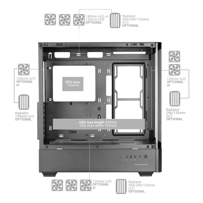 PC-korpus TACENS Mars Gaming MCLCDPRO Midi Tower — Must, IPS 7.2-tolline ekraan, alumine toiteplokk, ATX/Micro‑ATX/Mini‑ITX tugi