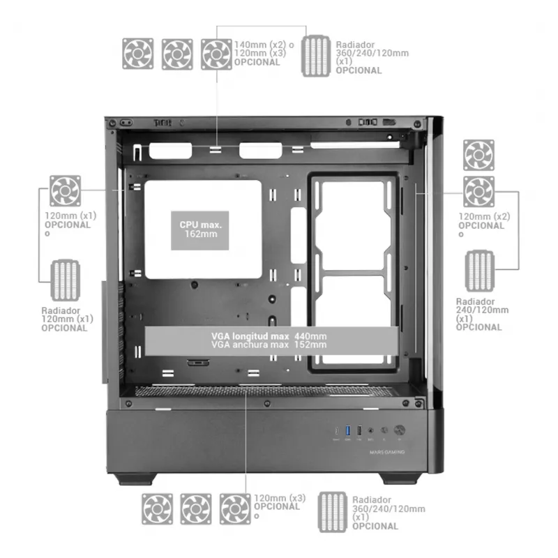 PC-korpus TACENS Mars Gaming MCLCDPRO Midi Tower — Must, IPS 7.2-tolline ekraan, alumine toiteplokk, ATX/Micro‑ATX/Mini‑ITX tugi