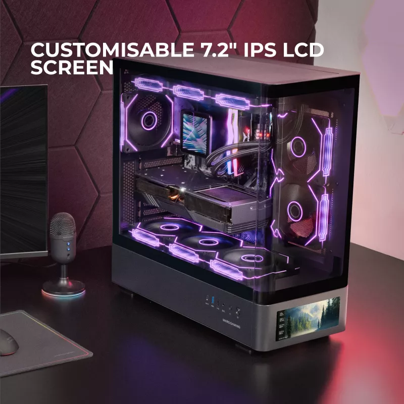 PC-korpus TACENS Mars Gaming MCLCDPRO Midi Tower — Must, IPS 7.2-tolline ekraan, alumine toiteplokk, ATX/Micro‑ATX/Mini‑ITX tugi