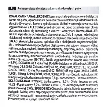 Kuiv koeratoit Royal Canin Anallergenic 8 kg — täiskasvanutele mõeldud hüpoallergeenne linnulihavalem, gluteeni- ja laktoosivaba