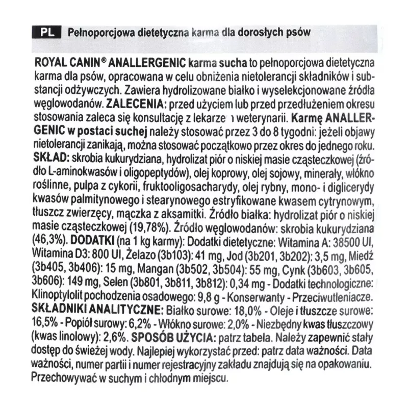 Kuiv koeratoit Royal Canin Anallergenic 8 kg — täiskasvanutele mõeldud hüpoallergeenne linnulihavalem, gluteeni- ja laktoosivaba