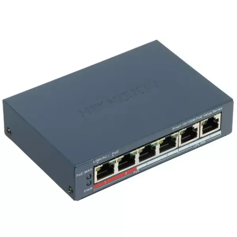 Võrgukommutaator Hikvision DS-3E1106P-EI — 6-pordiline PoE Etherneti kommutaator, haldamata, 10/100 Mbps