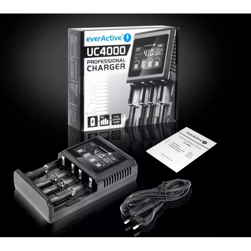 Akulaadija everActive UC-4000 AA/AAA majapidamispatareidele, 4 pesaga, 100–240V, must