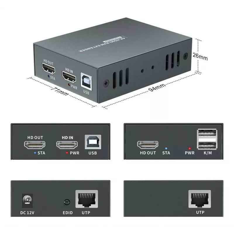 AV-pikendaja (saatja ja vastuvõtja) LEVELONE HVE-8111, 3840x2160, Cat6, USB-A/USB-B, DC 12V (2 tk)