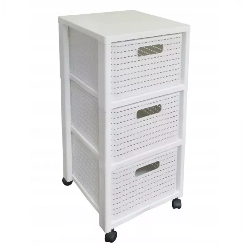 Riiul rotho Country plastikust hoiustamisriiul 3 sahtliga, valge, 71,2×32,5×37,5 cm, tehnopolümeer, rattad