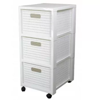 Riiul rotho Country plastikust hoiustamisriiul 3 sahtliga, valge, 71,2×32,5×37,5 cm, tehnopolümeer, rattad