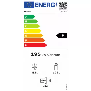 Eraldiseisev külmkapp BOMANN KG 320.2 – kogumahutavus 165 l (külmik 122 l, sügavkülmik 43 l), energiaklass E, 143 cm, valge