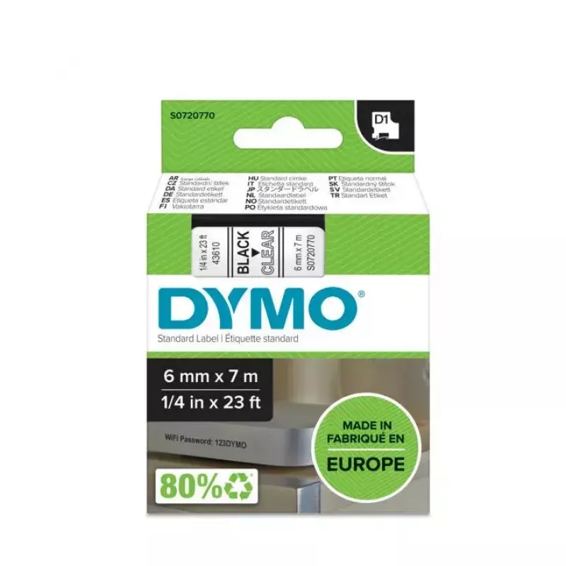 DYMO autentsed D1 sildid | Must trükk läbipaistval lindil | 6 mm x 7 m | Isekleepuvad sildid LabelManager sildivalmistajatele | Valmistatud Euroopas
