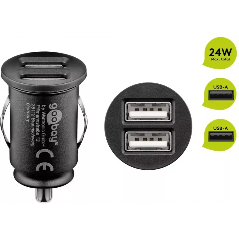 Goobay Dual-USB autolaadija 24 W must kiirlaadimine ülevoolukaitse