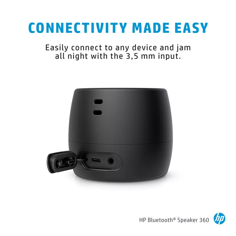 HP must Bluetooth kõlar 360, juhtmega ja juhtmevaba, mono kaasaskantav kõlar, must, silinder, nupud, universaalne