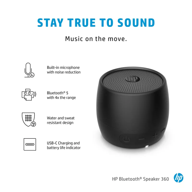 HP must Bluetooth kõlar 360, juhtmega ja juhtmevaba, mono kaasaskantav kõlar, must, silinder, nupud, universaalne