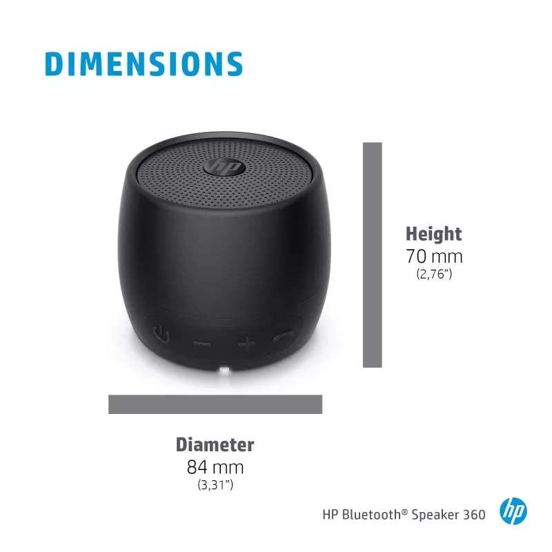 HP must Bluetooth kõlar 360, juhtmega ja juhtmevaba, mono kaasaskantav kõlar, must, silinder, nupud, universaalne