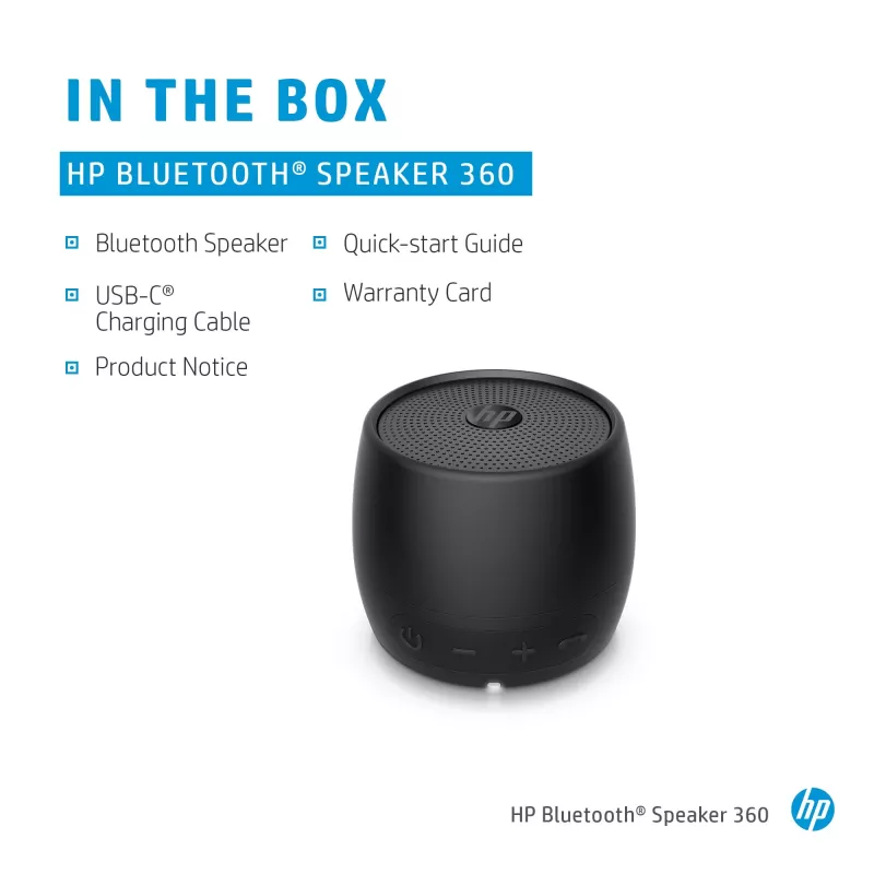 HP must Bluetooth kõlar 360, juhtmega ja juhtmevaba, mono kaasaskantav kõlar, must, silinder, nupud, universaalne