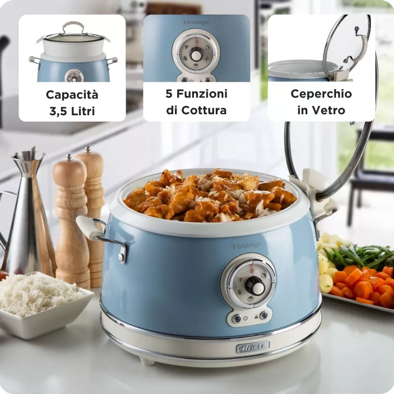 Ariete 2904 Riisikeetja - Elektriline riisikeetja keraamilise kausiga - Omatehtud sushi - Multikeetja - Vintage Line - 3,5 L - 650 W - Sinine