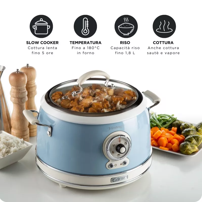 Ariete 2904 Riisikeetja - Elektriline riisikeetja keraamilise kausiga - Omatehtud sushi - Multikeetja - Vintage Line - 3,5 L - 650 W - Sinine